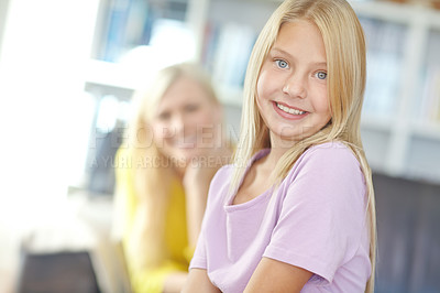 Buy stock photo Portrait, mother and daughter with smile, kid and bonding together with happiness, relax and peace. Face, single parent and joyful family with mama, child and calm in living room with love and home