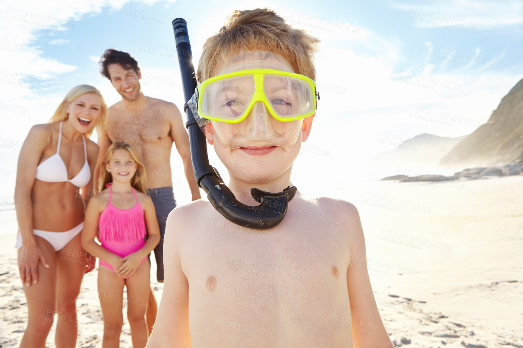 Buy stock photo Family, portrait and child with goggles on beach for snorkeling, adventure and happiness on vacation. Kid, smile and parents with girl on holiday in Florida, summer or excited for swimming in sea