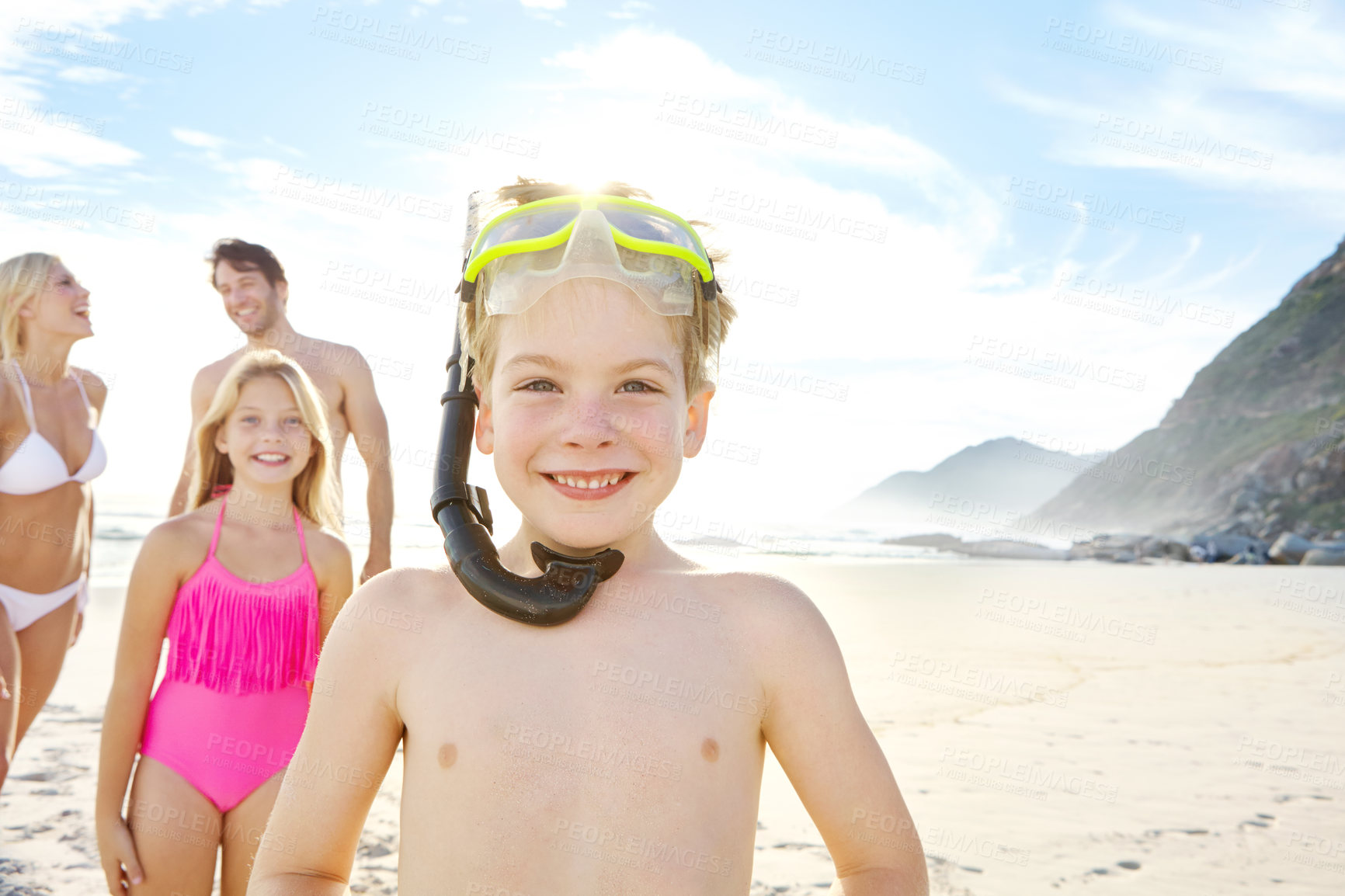 Buy stock photo Child, goggles and portrait of family on beach for snorkeling, adventure and happiness on vacation. Kid, smile and girl with parents on holiday in Florida, summer or excited for swimming in sea