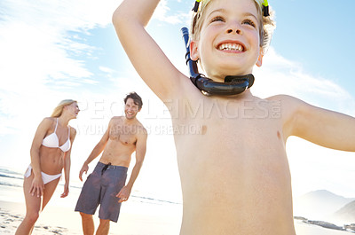 Buy stock photo Boy, running and excited at beach for vacation, adventure and travel for family holiday in summer. Mother, father and child in nature with smile, energy and together in Bali with parents by ocean