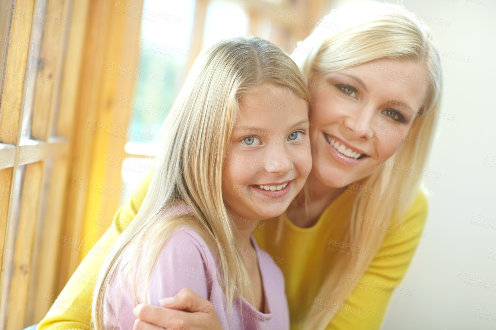 Buy stock photo Mother, child and portrait hug in home for bonding connection with happiness, relax or comfort. Girl, daughter and woman or face in apartment with childhood development for parenting, love or care