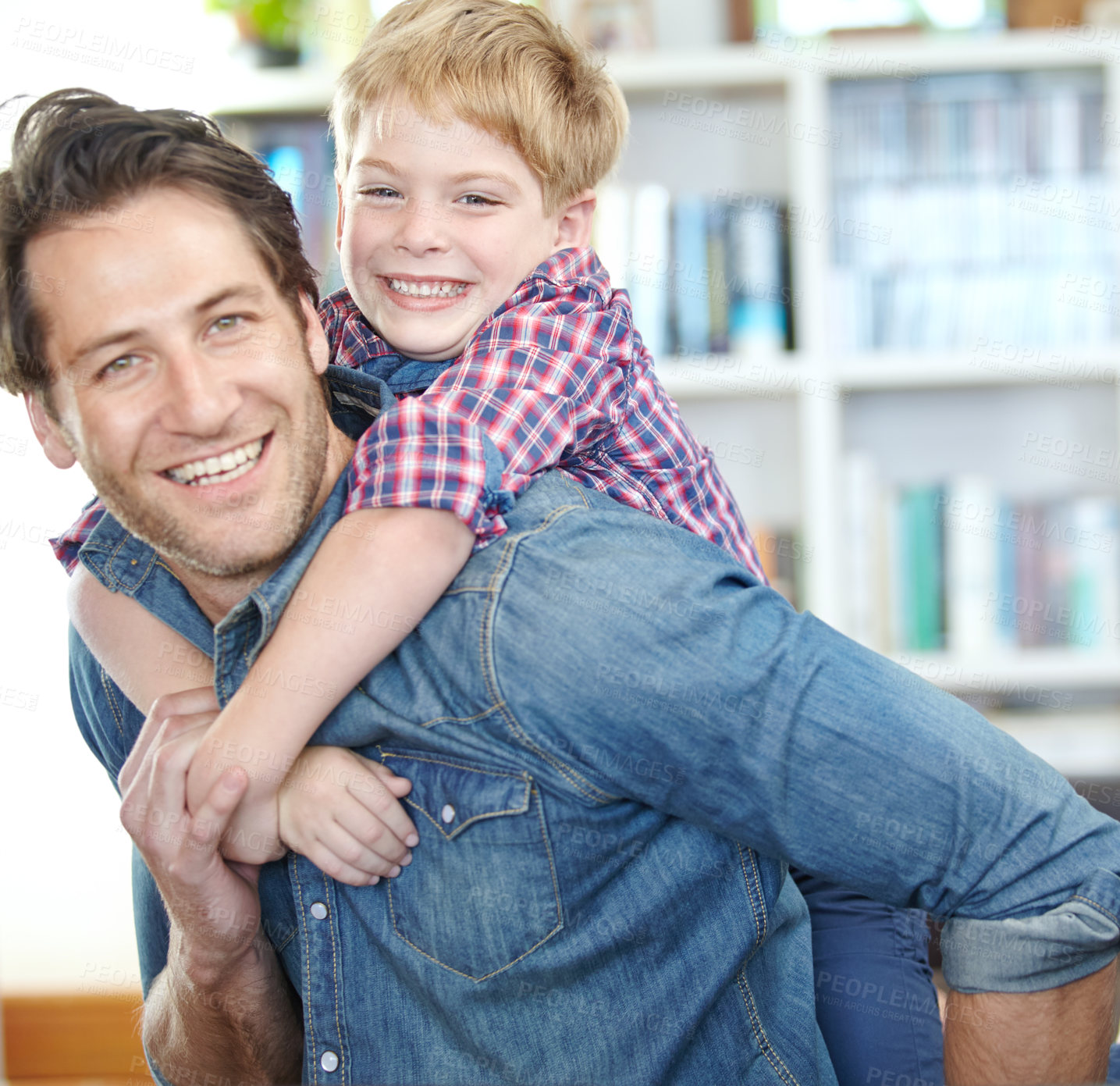 Buy stock photo Home, father and kid in portrait with piggyback for bonding, playful and enjoying together in weekend. Happy family, dad and son in house for support, caring and healthy connection with parent love