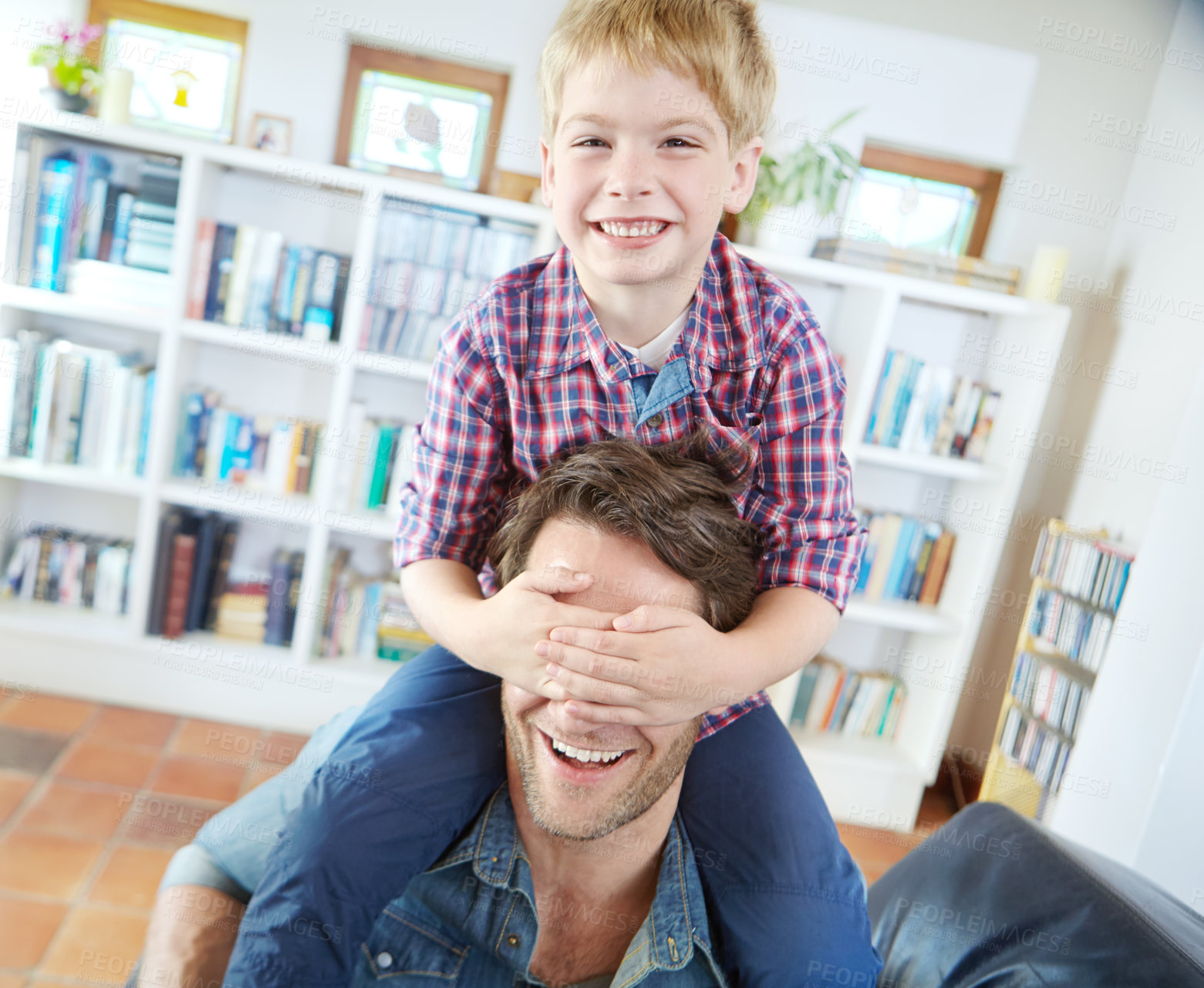 Buy stock photo House, father and son in portrait with piggyback for bonding, playful and enjoying together on weekend. Happy family, dad and child in home for support, caring or healthy connection with parent love