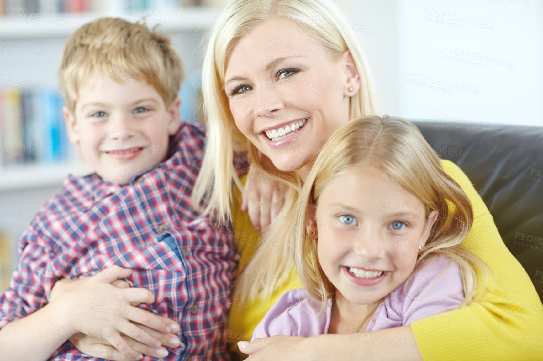 Buy stock photo Portrait, mother and children on sofa with embrace, bonding and love in living room for playful family in home. Relax, mom and kids on couch for happy weekend together with fun, smile and hugging