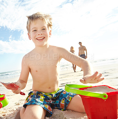 Buy stock photo Child, family and happy portrait at beach for vacation, adventure and travel for holiday in summer. Mother, father and boy with smile, sand and sunshine in Bali with parents and together in nature 