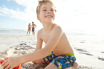 Buy stock photo Child, family and smile at beach for vacation, adventure and travel for holiday in summer. Mother, father and boy in nature with happy, energy and sand in Thailand by ocean with parents and sunshine