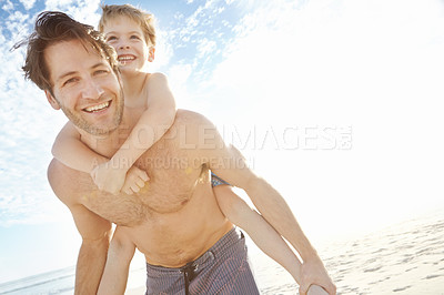 Buy stock photo Father, boy and smile in beach with piggyback on holiday in summer, bonding and support in Miami. Parent, kid and happy or excited with fun at seaside on vacation, trip and travel on portrait