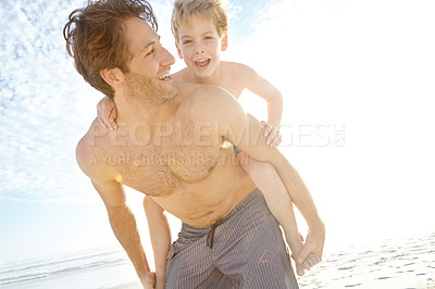 Buy stock photo Dad, boy and happy in beach with piggyback on holiday in summer, bonding and support in Miami. Parent, kid and smile or excited with fun at seaside on vacation, trip and travel for child development