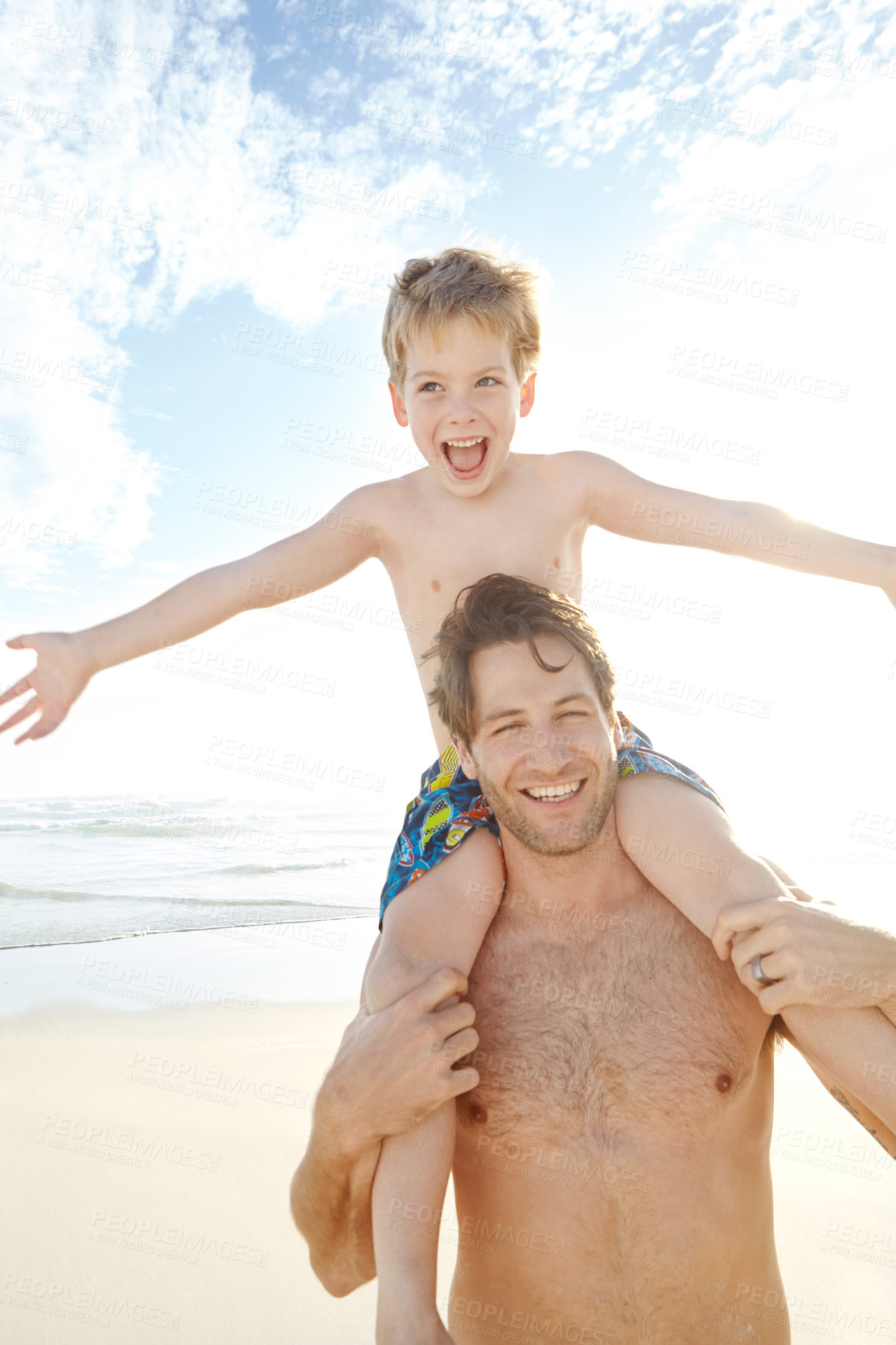 Buy stock photo Happy, man and child on shoulders at beach together for bonding, relax and love for adventure in summer sunshine. Smile, father and boy playful on vacation, trust and support with ocean in Australia