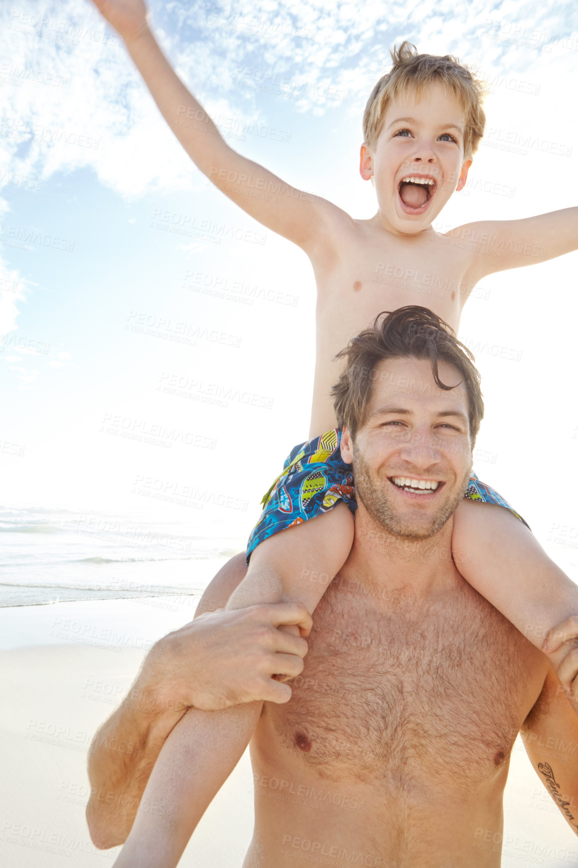 Buy stock photo Laugh, father and child on shoulders at beach together for bonding, relax and love for adventure in summer sunshine. Smile, man and boy playful on vacation, trust and support with ocean in Ireland