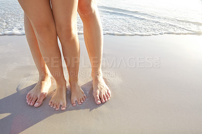 Buy stock photo Family, beach and kid with toes in sand on vacation in nature with water, sea and summer travel. Waves, closeup and parent with feet of child on holiday to Maldives for outdoors, relax or sun for fun