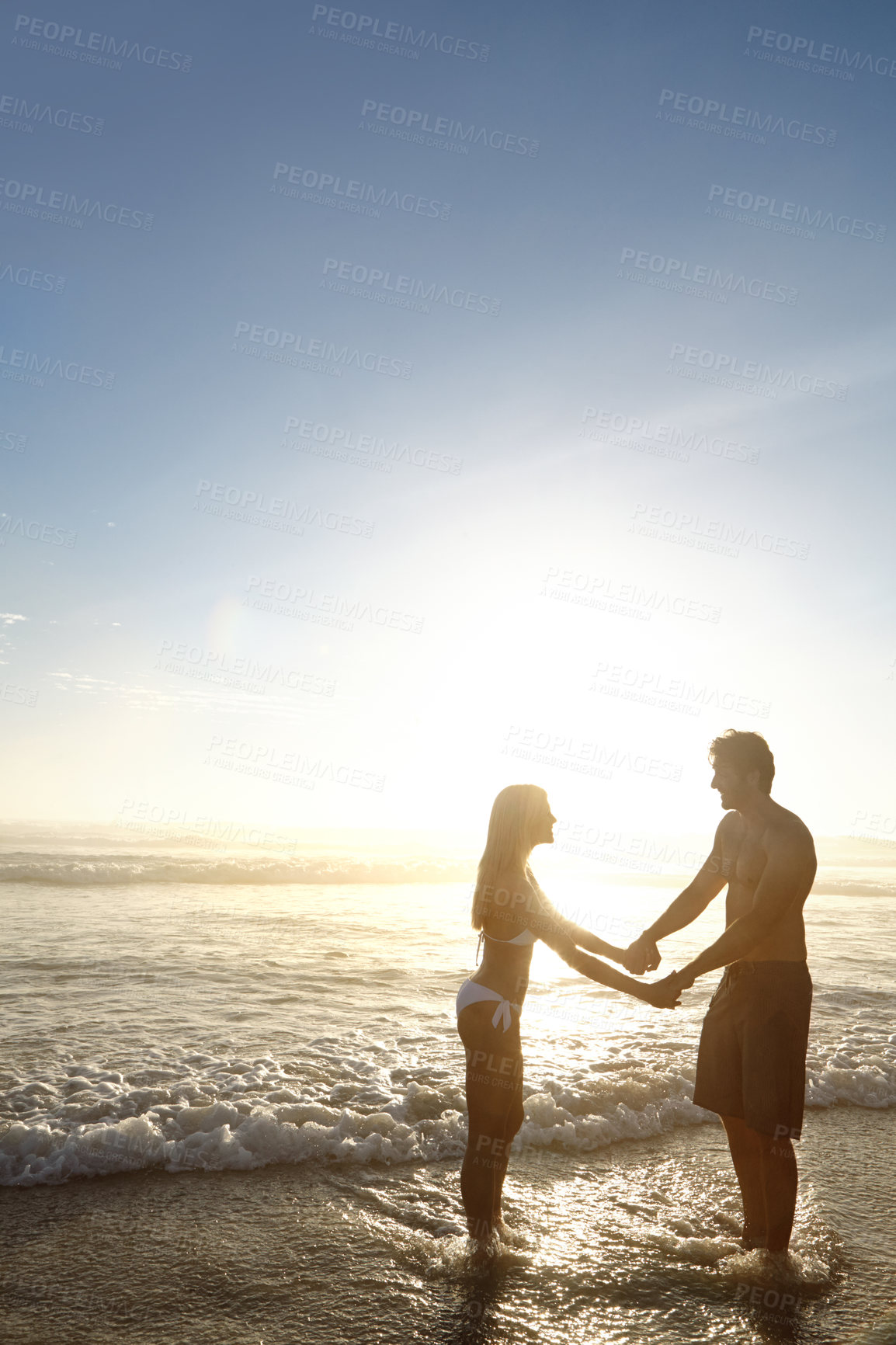 Buy stock photo Outdoor, couple and holding hands, beach and peace in water, bikini and swimwear to relax in morning. Dusk, woman and man in date, sea and travel together to Cancun, love and adventure in tropical