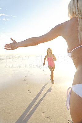 Buy stock photo Beach, mother and child for playing, running and childhood development with exercise outdoor. Ocean, seaside or parent with girl for hug, caring or support on vacation in California with fun activity