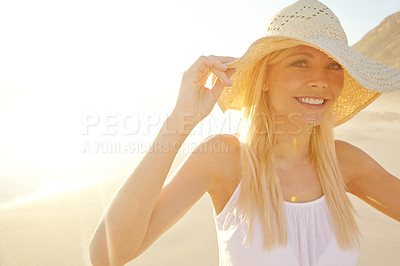 Buy stock photo Sunshine, hat and woman for portrait and beach vacation, freedom and flare on holiday. Ocean, sand and travel for adventure in tropical Hawaii, tourist person and summer on coastline island in nature