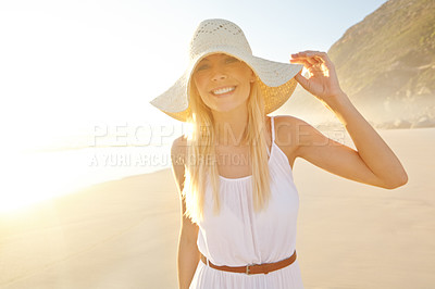 Buy stock photo Happy, woman and portrait at sunset for walk on beach for travel, adventure and vacation in nature. Female person, journey and smile with pride for holiday, summer and sunshine on island in Thailand 