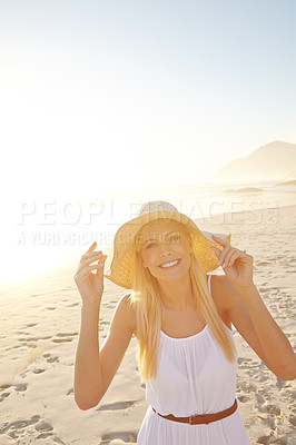 Buy stock photo Portrait, sunset and woman on beach with sand for summer vacation, white dress and nature with sunshine. Holiday travel, happy and tourist girl with smile for relax and tropical adventure in Mexico