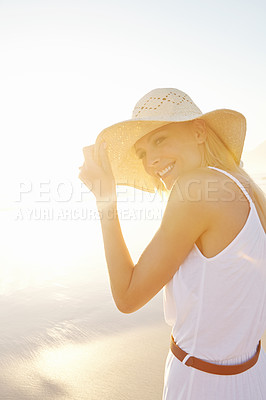 Buy stock photo Portrait, hat and woman on beach for holiday travel with sunset, summer sunshine and natural environment. Vacation, happy tourist girl and relax for peaceful walk and tropical adventure in Mexico