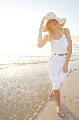 Buy stock photo Portrait, beach and happy woman in nature with hat for summer vacation, holiday trip or tropical getaway. Travel, outdoor and person with smile for happiness, weekend adventure or journey to Mexico