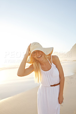 Buy stock photo Travel, portrait and woman at beach with hat for summer vacation, holiday trip or tropical getaway. Nature, freedom and person with smile for happiness, weekend adventure or outdoor journey to Mexico