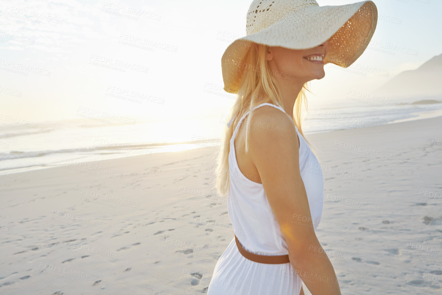 Buy stock photo Wellness, sunset and woman on beach with hat for summer vacation, fresh air and tropical environment. Ocean holiday, happy tourist girl and relax for peaceful walk and travel adventure in Mexico