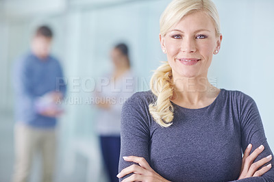 Buy stock photo Portrait, businesswoman and arms crossed in office for start up company and project management. Confidence, ambition and female person in workplace with pride or happiness for job in creative agency 