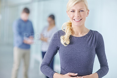 Buy stock photo Portrait, happy and professional woman in office for start up company, project and management for career. Confidence, ambition and human resources worker in creative agency with pride for business 