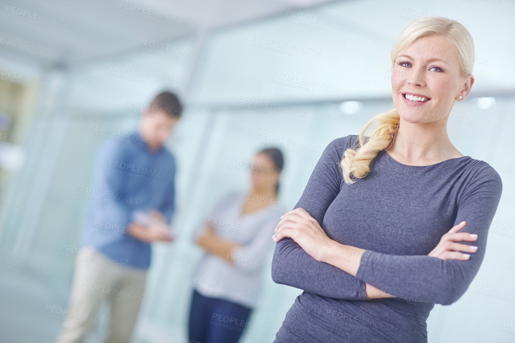 Buy stock photo Businesswoman, arms crossed and happy face in workplace for project management and startup. Pride, female person and portrait for career in creative agency with leadership and smile in office