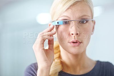 Buy stock photo Portrait, smart glasses and wow with businesswoman in hallway of office for metaverse or virtual reality. Face, digital world and surprise of professional designer in creative workplace for research