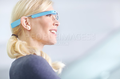 Buy stock photo Augmented reality, virtual and woman with smart glasses for internet connectivity in office. Technology innovation, network and female person with VR eyewear for vision and futuristic communication