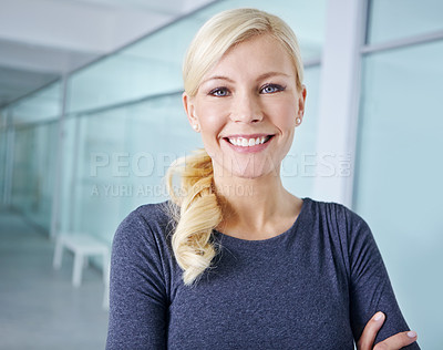 Buy stock photo Administration, portrait and smile with professional woman in hallway of entrepreneur for start of career. Business, company or employee as happy designer in creative workplace for office management