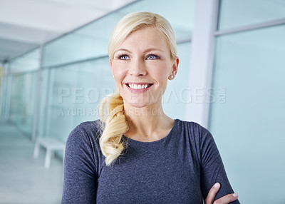 Buy stock photo Future, smile and thinking with business woman in hallway of office for career mindset. Idea, planning and vision with happy designer in professional workplace for creative project management