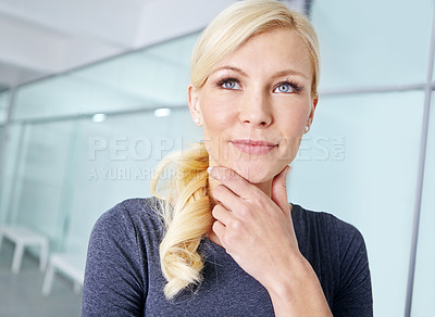 Buy stock photo Thinking, businesswoman and happy in office for start up company and project management for career. Confidence, idea or motivation in workplace for entrepreneurship, job and pride in creative agency