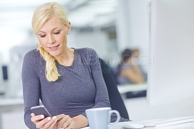 Buy stock photo Business woman, phone text and desk in office with social media break and scroll on website. Mobile, employee and public relations worker with internet, search and message online with technology
