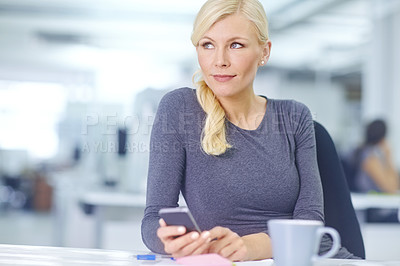 Buy stock photo Business woman, phone and thinking at desk in office with social media break and scroll on website. Mobile, idea and public relations worker with internet, search and message online with technology
