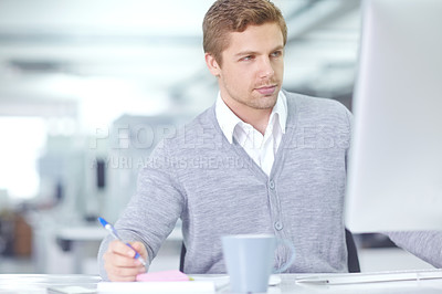 Buy stock photo Computer, writing notes and business man on internet for research, information or reading email at startup. Copywriter, pc and professional planning project for work article, blog and creative report