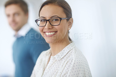 Buy stock photo Happy, portrait and businesswoman in office for leadership and colleagues for career. Female designer, face and smile with pride in creative agency or company for startup, confidence or staff