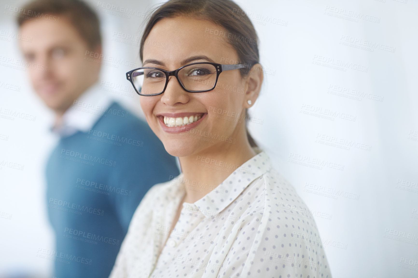 Buy stock photo Happy, portrait and businesswoman in office for leadership and colleagues for career. Female designer, face and smile with pride in creative agency or company for startup, confidence or staff