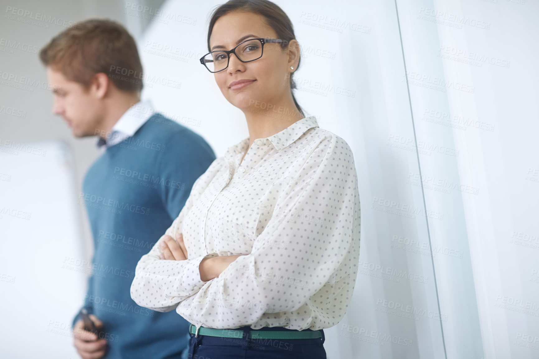 Buy stock photo Arms crossed, portrait and woman in office for business, leadership and project management. Female designer, face and smile with pride in creative agency or workplace for company proposal in New York