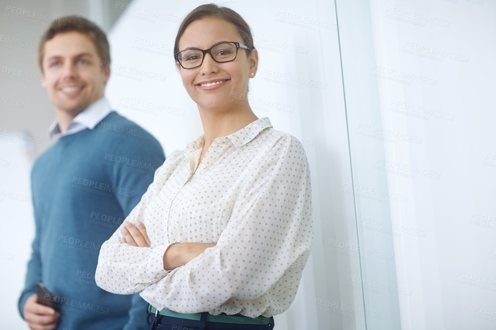 Buy stock photo Happy, portrait and woman in office with arms folder for  leadership and project management. Female designer, face and smile or pride in creative agency or company for proposal and startup in city