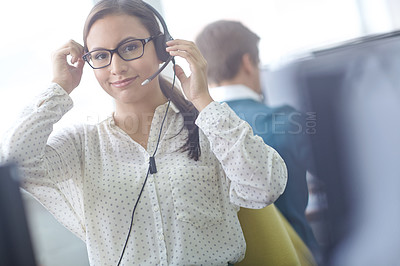 Buy stock photo Girl, headset and portrait of consultant in call center for online assistance, advice and customer support for sales. Woman, virtual assistant and agent for crm, contact us and telemarketing.