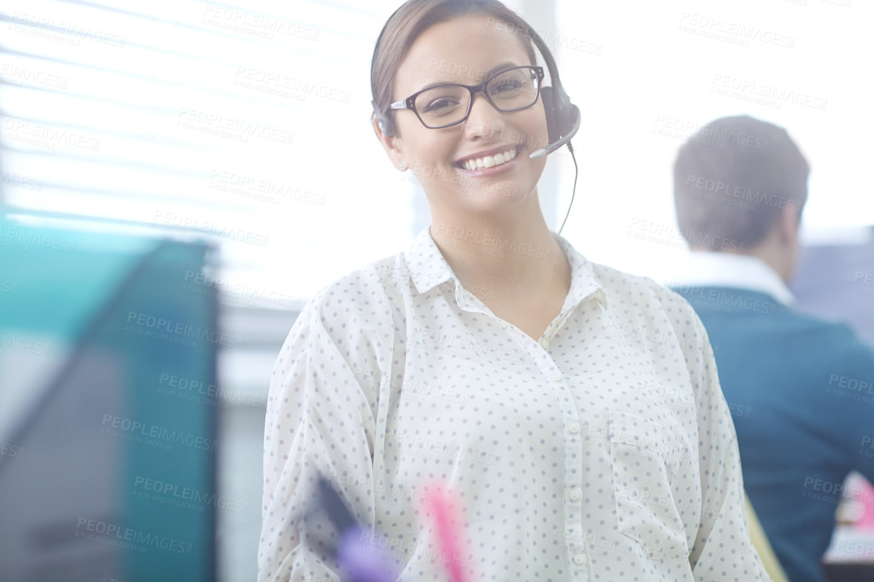 Buy stock photo Girl, smile and portrait of consultant in call center for online assistance, advice and customer support for inbound sales. Woman, virtual assistant and agent for crm, contact us and telemarketing.