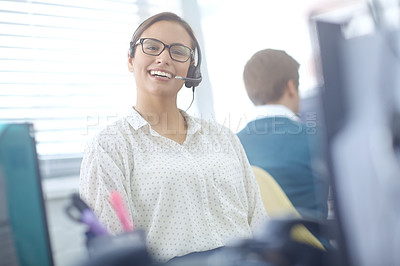 Buy stock photo Woman, happy and portrait of consultant in call center for online assistance, advice and customer support for inbound sales. Girl, virtual assistant and agent for crm, contact us and telemarketing.