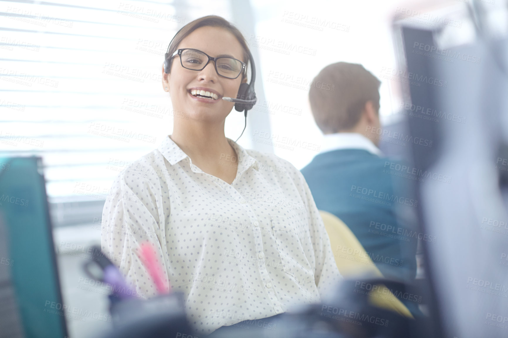 Buy stock photo Woman, happy and portrait of consultant in call center for online assistance, advice and customer support for inbound sales. Girl, virtual assistant and agent for crm, contact us and telemarketing.