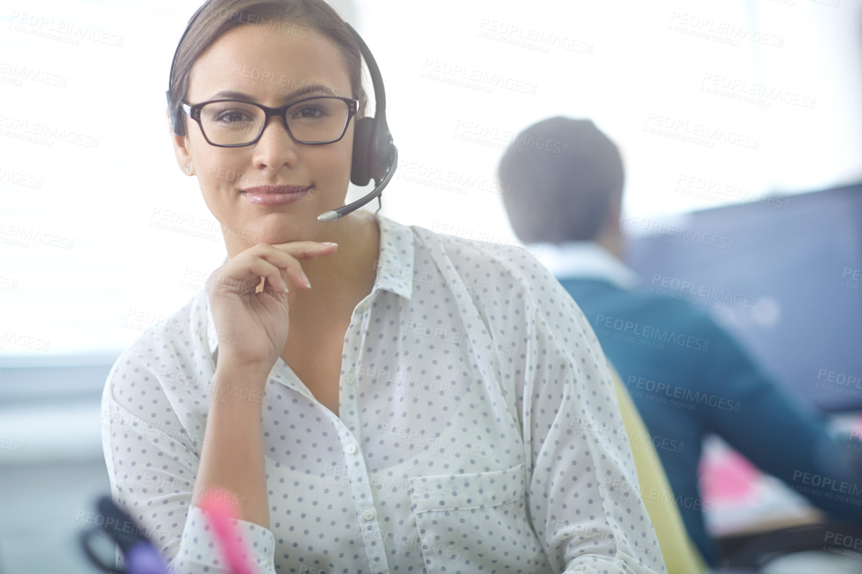 Buy stock photo Portrait, happy and girl in call center office for customer service, consulting and business crm. Female advisor or agent, inbound virtual assistant and headphone for listening, advice and support.