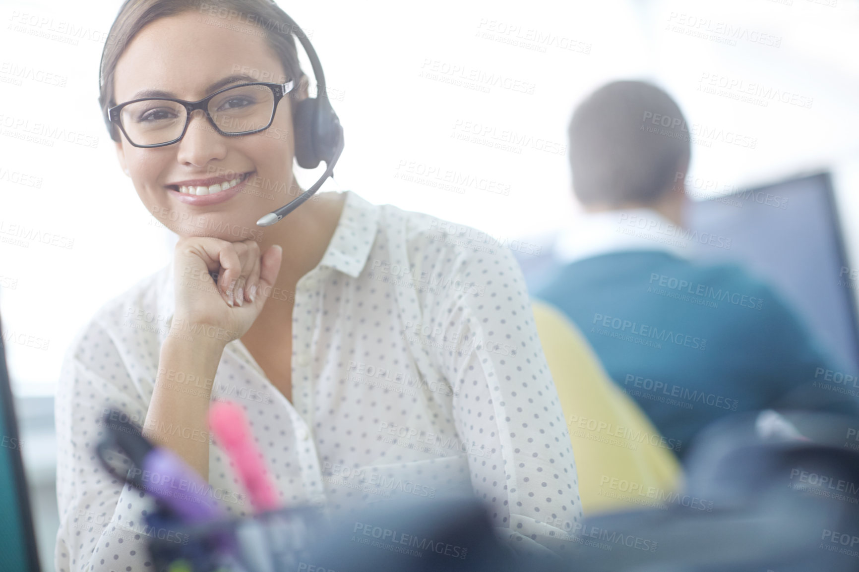 Buy stock photo Portrait, smile and woman in call center office for customer service, consulting and business crm. Female advisor or agent, inbound virtual assistant and headphone for listening, advice and support.