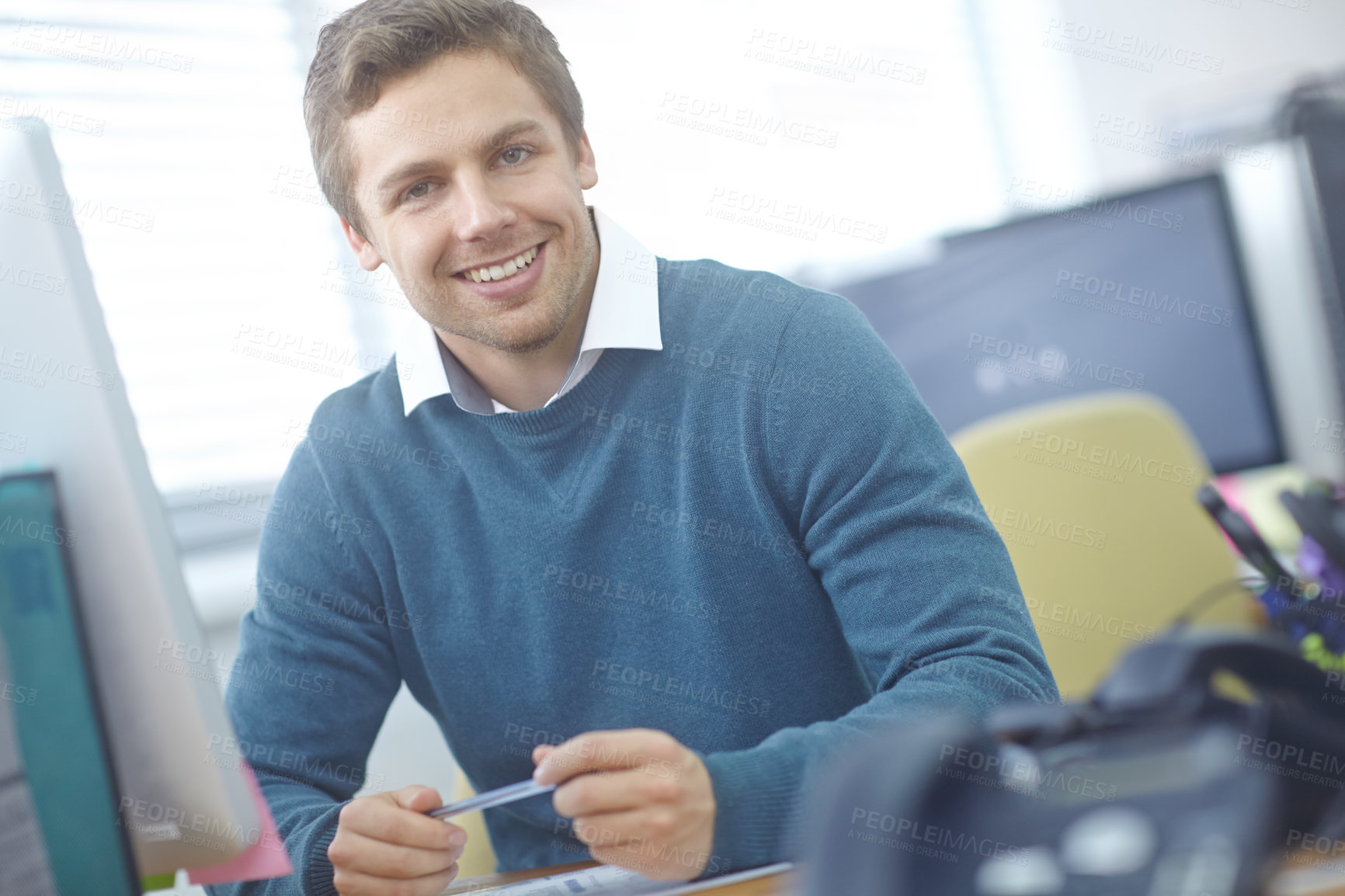 Buy stock photo Computer, portrait and businessman by desk in office for finance budget, profit or revenue review. Smile, technology and male financial advisor work on company stock investment account in workplace