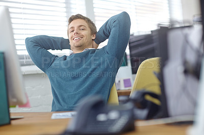 Buy stock photo Businessman, relax portrait and stretch in office for work break, wellness and satisfaction for achievement. Corporate guy, smile and hand behind head for deadline, calm and rest for goal target