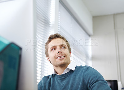 Buy stock photo Man, business and thinking in office for project at company, work and career as employee with smile. Consultant, planning and ready in workplace with idea for investment, development and opportunity