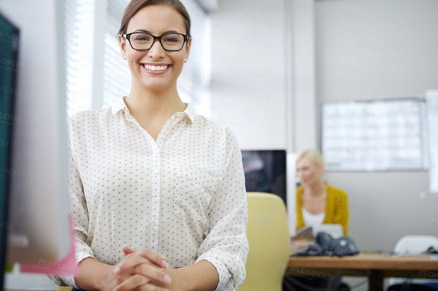 Buy stock photo Portrait, smile and business woman in startup on computer for research, information or email. Face, copywriter and happy professional in glasses planning project for article, blog and creative report