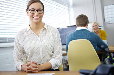 Buy stock photo Happy woman, portrait or secretary in startup with smile for career, business and consulting company. Female person, confident and receptionist in Los Angeles with pride for administration in office